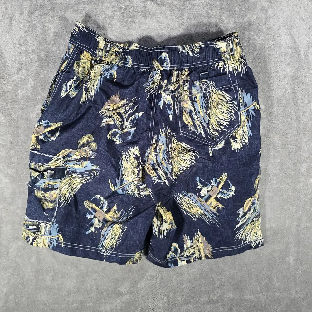 Lands' End‎ Men's Navy Fishing Print Swim Trunks Board Shorts Medium M